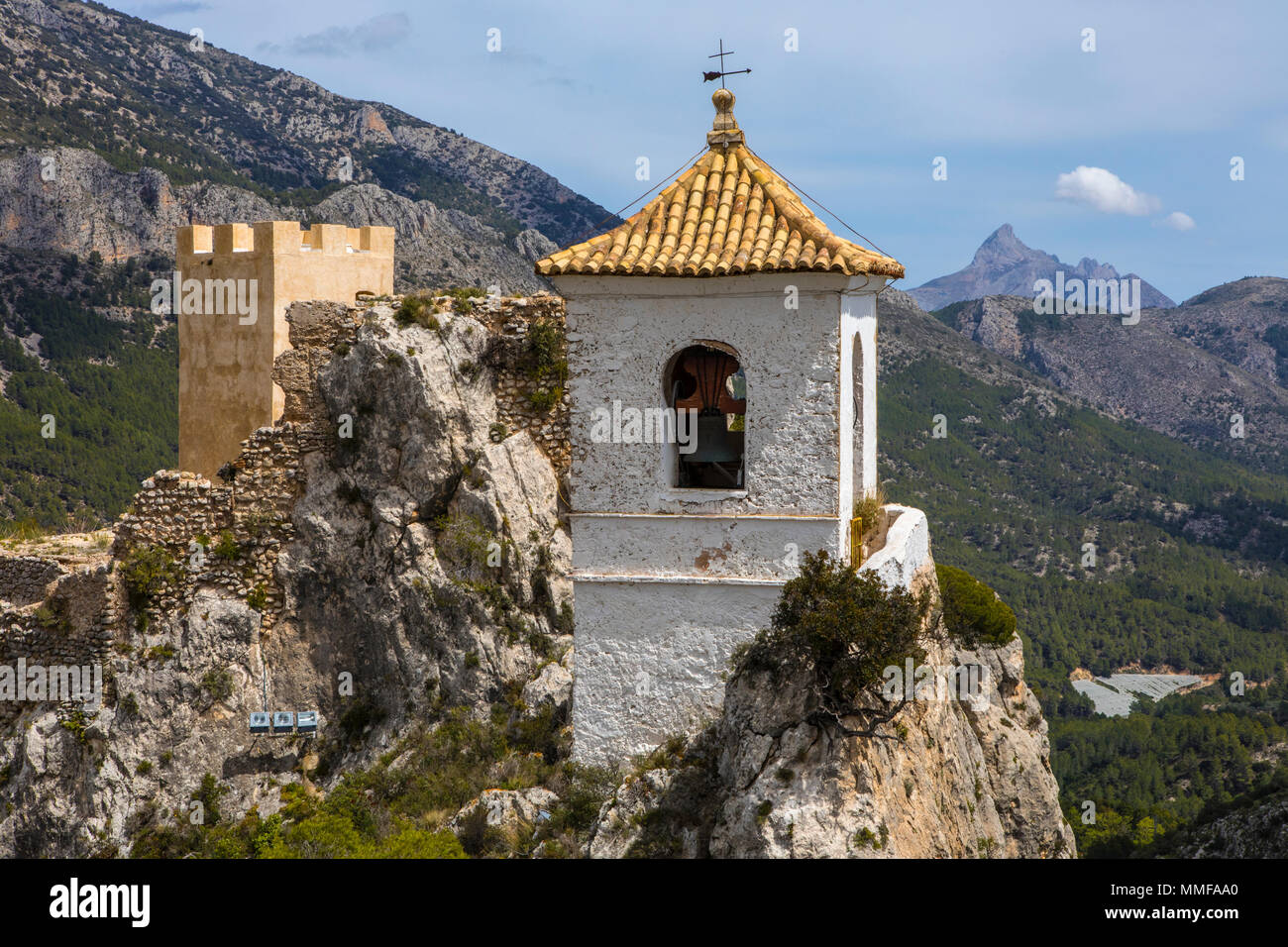 The stunning view from Castillo de San Jose of the picturesque landscape of Guadalest in Spain. Stock Photo