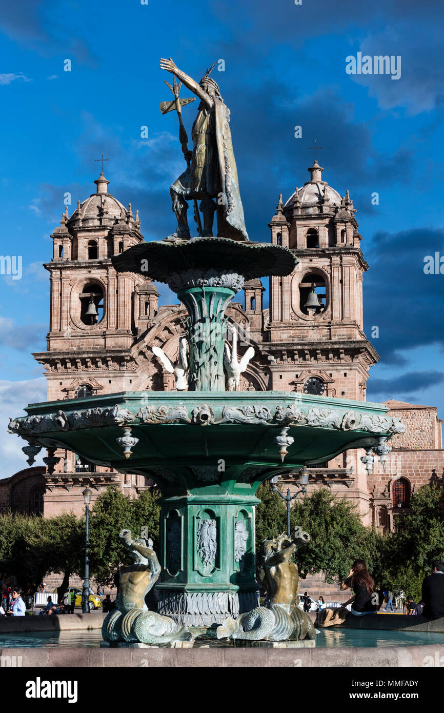 The Statue of Pachacuti in the Plaza de Armas. Stock Photo