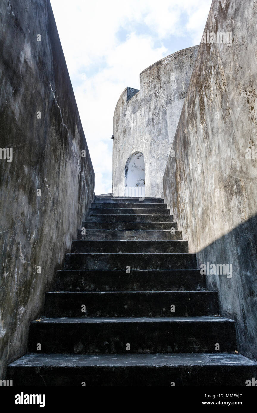 A stairwell leading up to a turret and watch tower in an antique Dutch colonial fort. Stock Photo