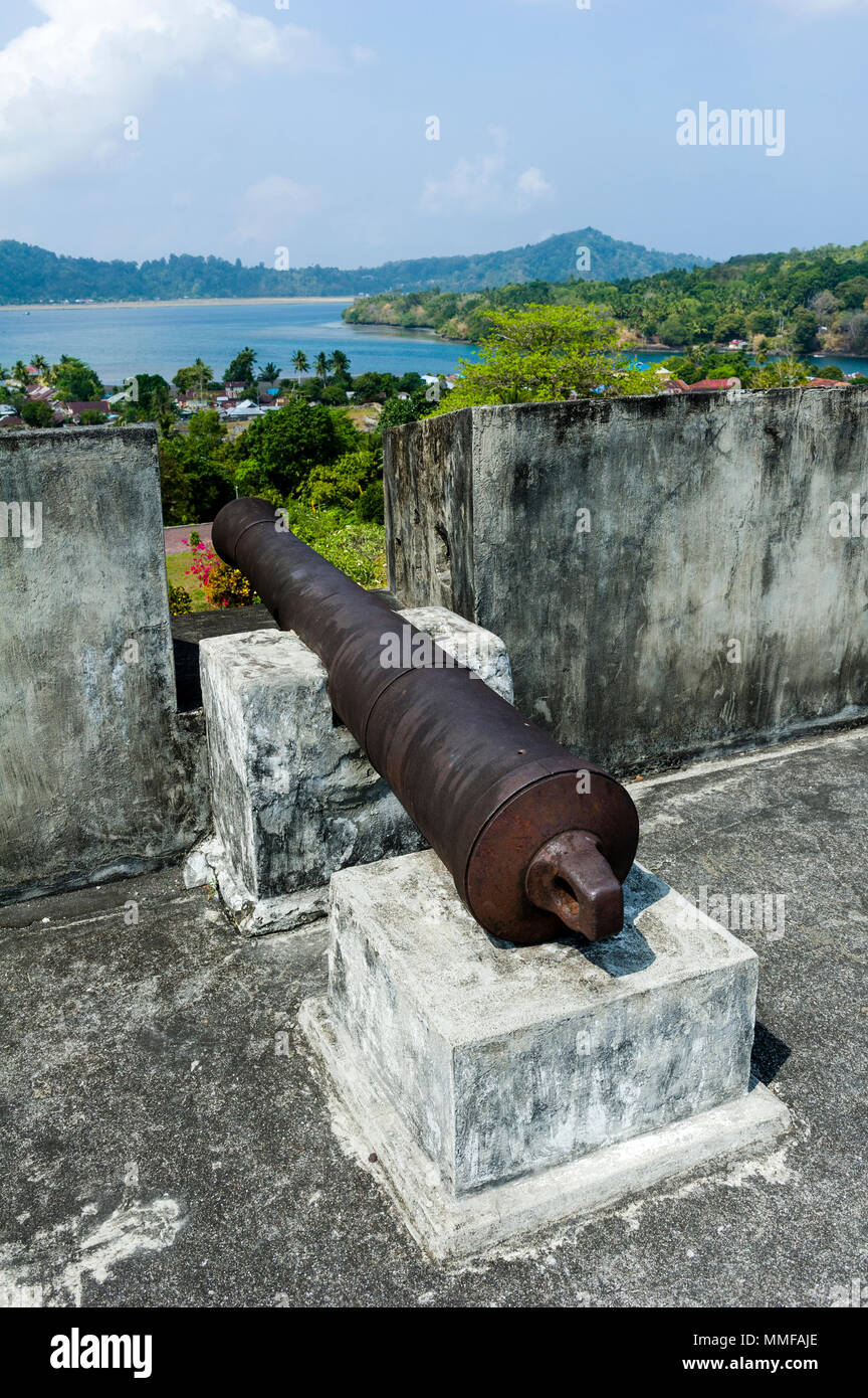 An antique cannon defends a Dutch colonial fort on a tropical island. Stock Photo