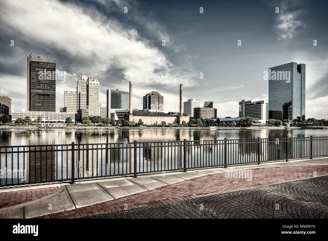 A panoramic view of downtown Toledo Ohio's skyline from across the