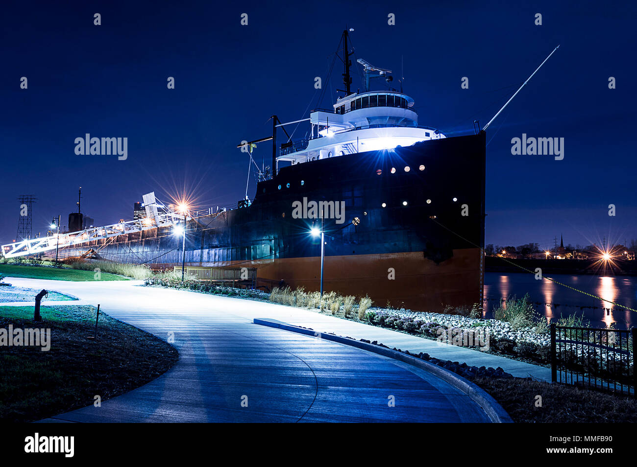 Night view of a lake freighter ship docked at the port of Toledo Ohio. Stock Photo
