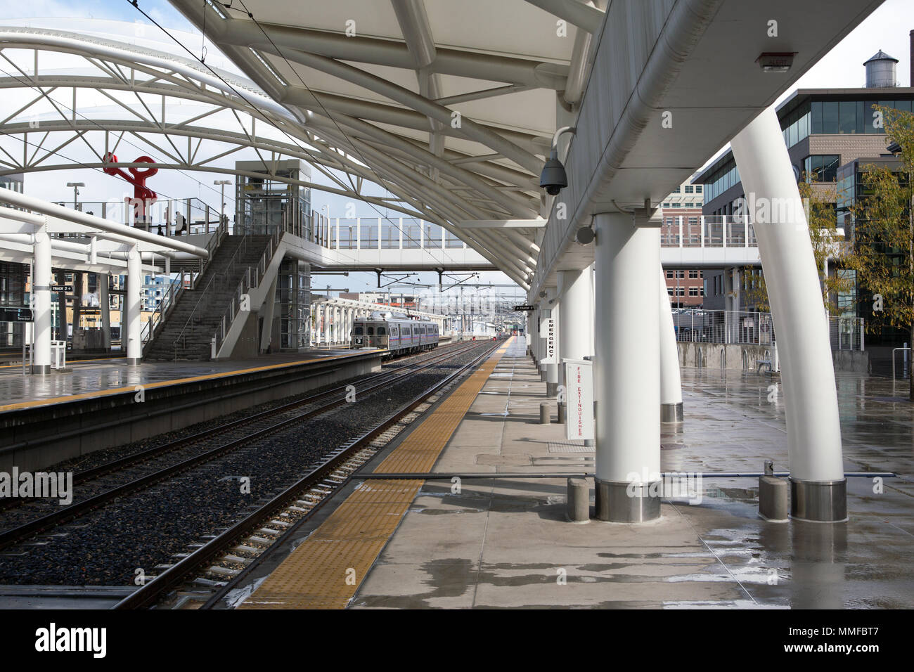 The open air train hall and the historic Union Station terminal building, Denver, Colorado Stock