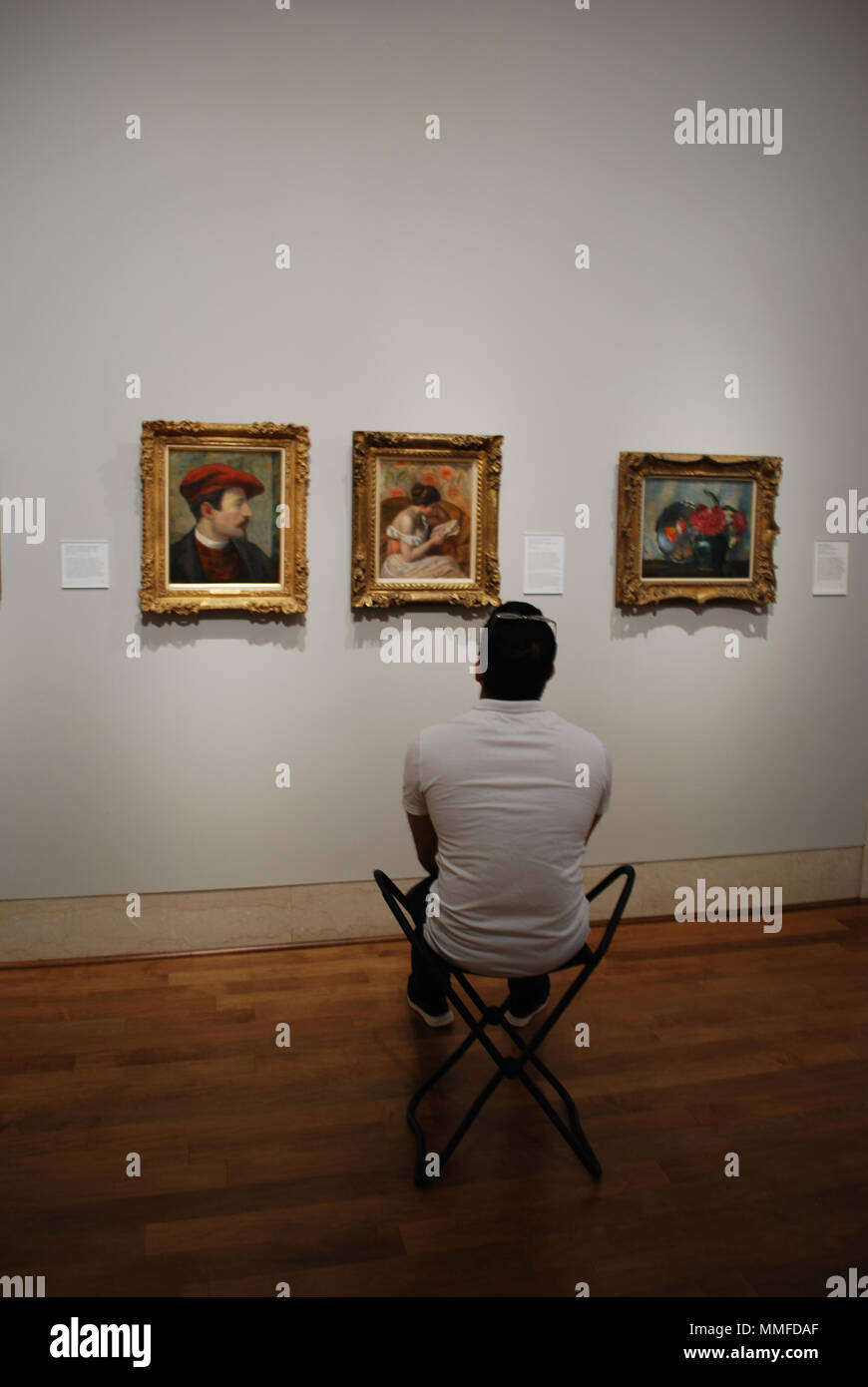 Man in fine art museum watching at famous paintings. Concept of curiosity, education, intelligence, pastime. Stock Photo