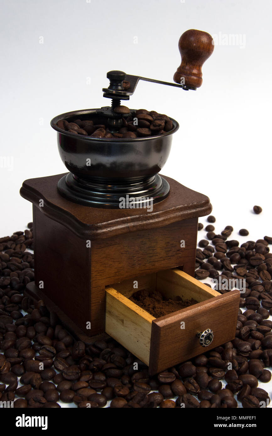 the old coffee grinder with zeonovy coffee and ground Stock Photo Alamy