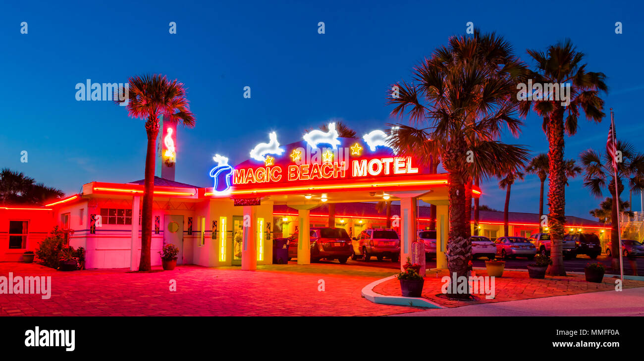 Night view of 1950s Art Deco Magic Beach Motel in Vilano Beach near Saint  Augustine, Florida Stock Photo - Alamy