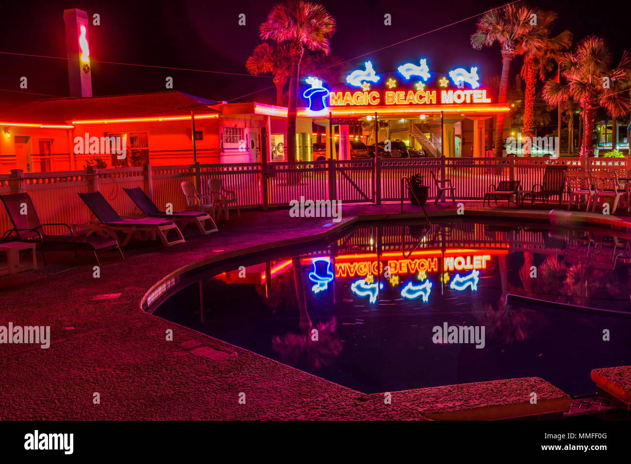 Night view of 1950s Art Deco Magic Beach Motel in Vilano Beach near Saint Augustine, Florida Stock Photo