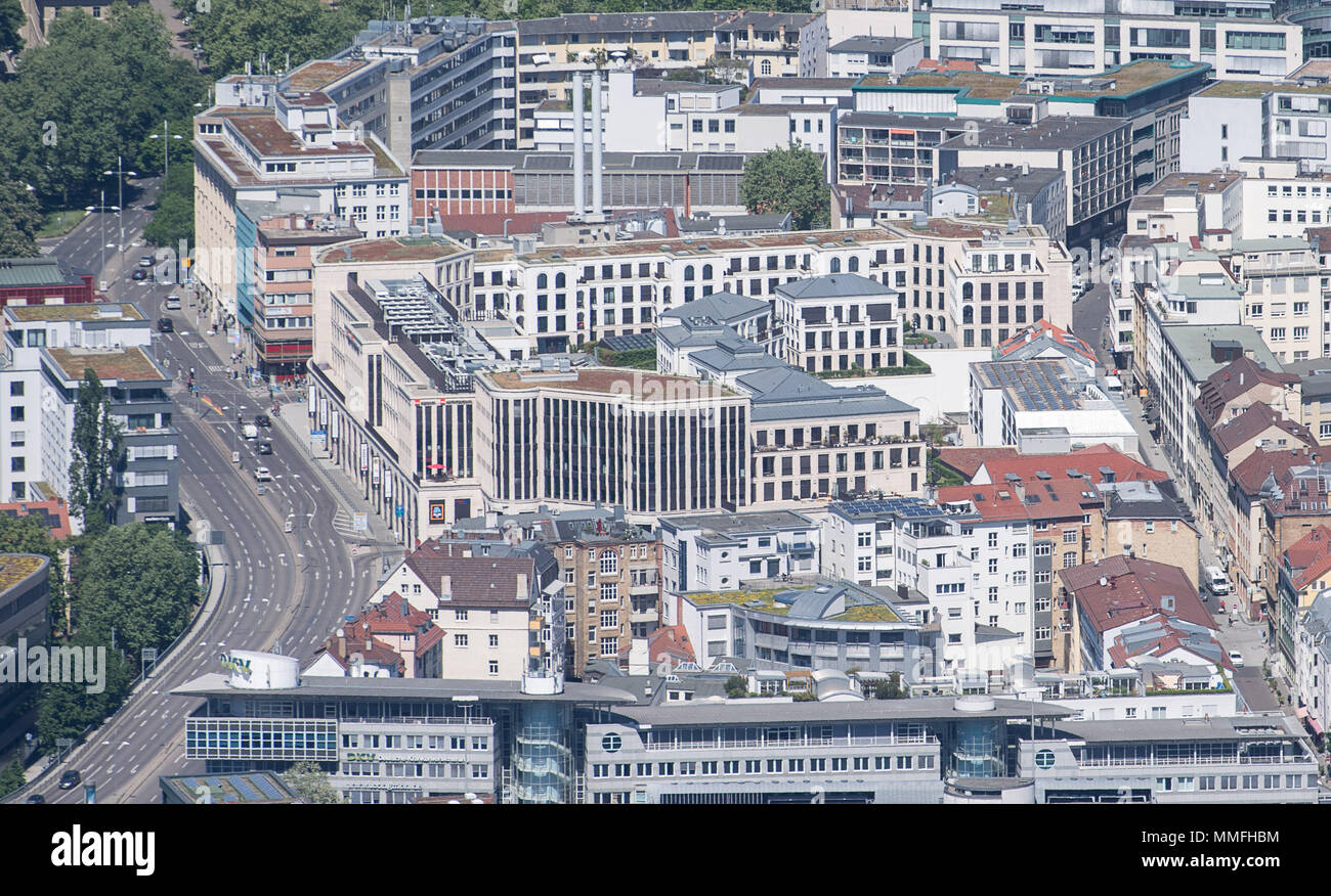 08 May 2018, Germany, Stuttgart: Green trees line the perimeters of the ...