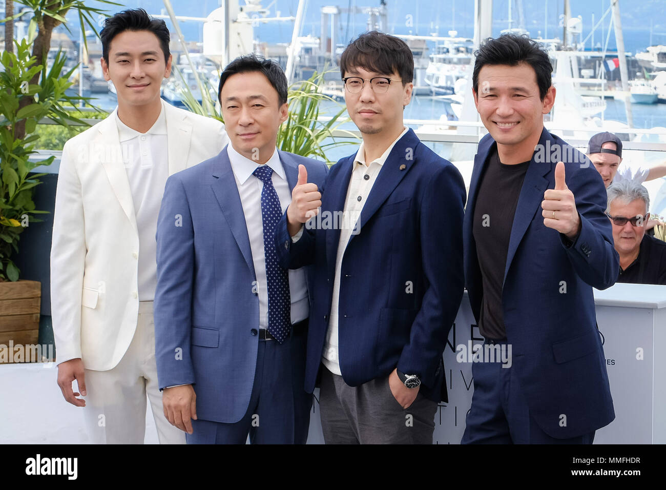 Cannes, France. 11th May, 2018. Ju Ji-hoon, Lee Sung-min, Yoon Jong-bin and Hwang Jung-min at 'The Spy Gone North' photocall on Friday 11 May 2018 as part of the 71st Cannes Film Festival held at Palais des Festivals, Cannes. Pictured: Ju Ji-hoon, Lee Sung-min, Yoon Jong-bin , Hwang Jung-min. Picture by Julie Edwards. Credit: Julie Edwards/Alamy Live News Stock Photo