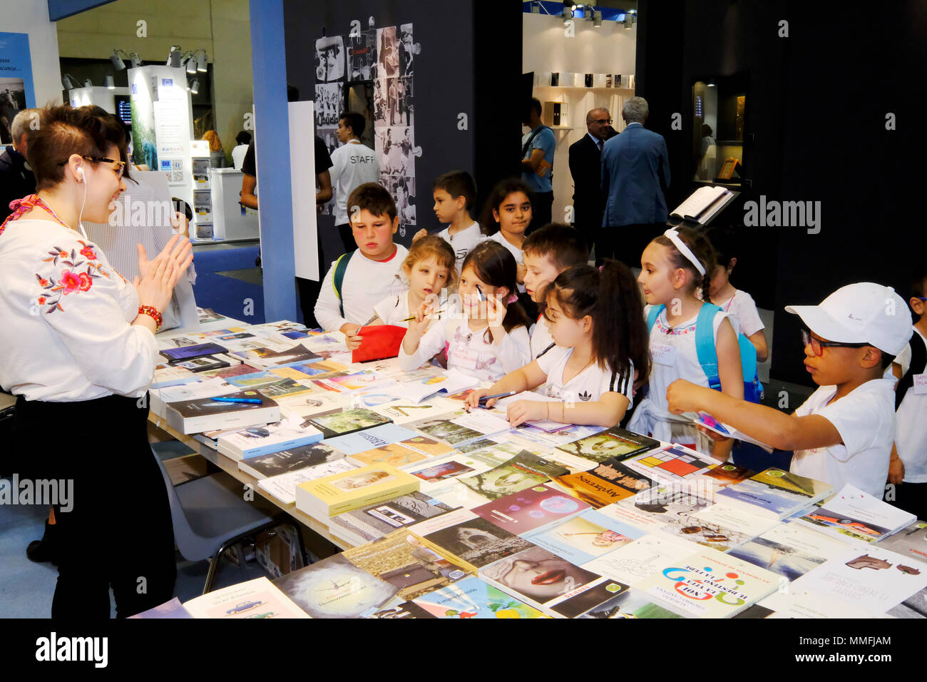 Turin, Piedmont, Italy, 10th May, 2018. International Book fair 2018,first day. Young students visiting the book fair Credit: RENATO VALTERZA/Alamy Live News Stock Photo