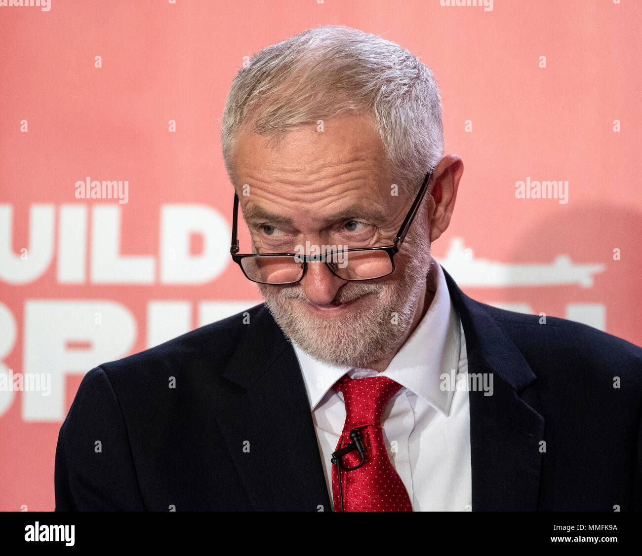 Glasgow, UK. 11 May, 2018. Labour Leader Jeremy Corbyn giving a speech in Govan, Glasgow in which he said that a Labour government will proactively support UK shipbuilding as part of a wider industrial strategy and called on the Conservative Government to guarantee three new Royal Fleet Auxiliary vessels will be built in domestic shipyards. Credit: Iain Masterton/Alamy Live News Stock Photo