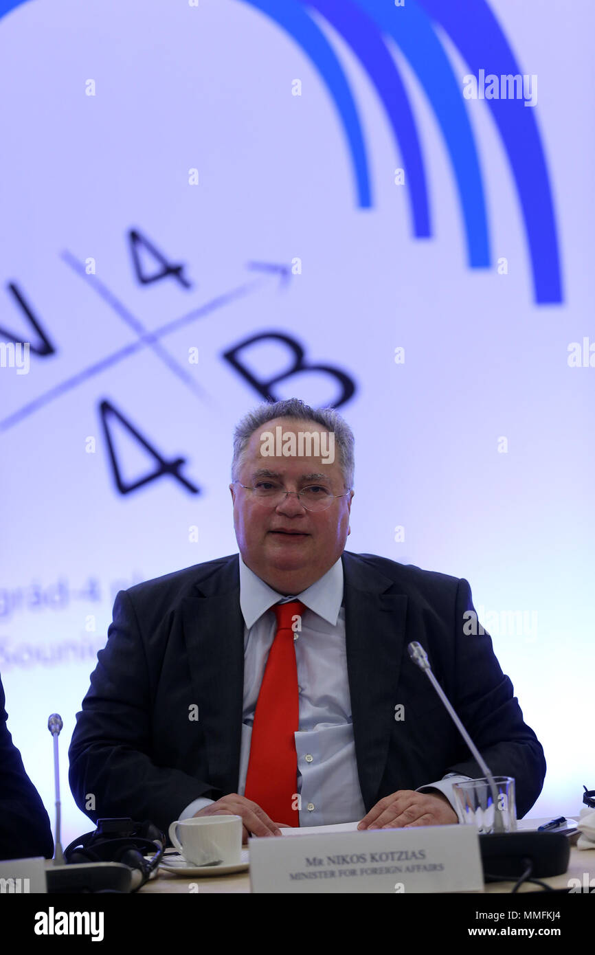 (180511) -- SOUNION, May 11, 2018 (Xinhua) -- Greek Foreign Affairs Minister Nikos Kotzias delives a speech during the 'Visegrad-4 plus Balkan-4 plus' Meeting in Sounion, Greece, on May 11, 2018. The 2nd Ministerial Meeting of the Visegrad Group (Hungary, the Czech Republic, Slovakia and Poland) and the Balkan EU member states (Greece, Bulgaria, Romania and Croatia) opened on Friday at Sounion, 75 kilometers southeast of Athens. (Xinhua/Marios Lolos) (zxj) Stock Photo
