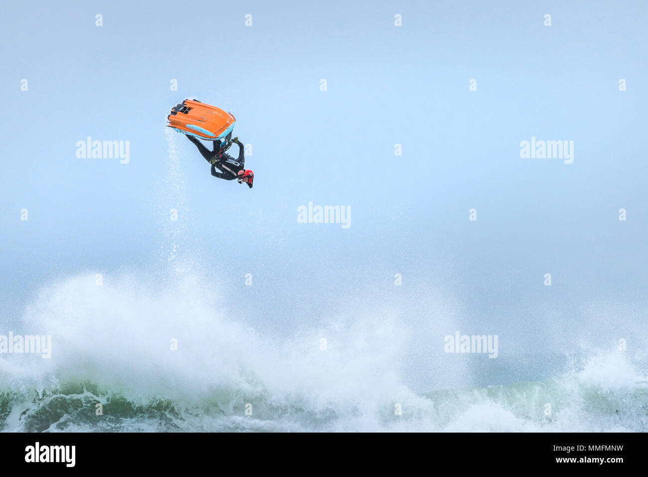 Newquay, Cornwall, UK. 11th May, 2018.  The Freeride World Jetski Championship returns to Fistral beach in Newquay, Cornwall. Strong winds and rough seas helped to produce some spectacular aerial action.  Gordon Scammell/Alamy Live News Stock Photo