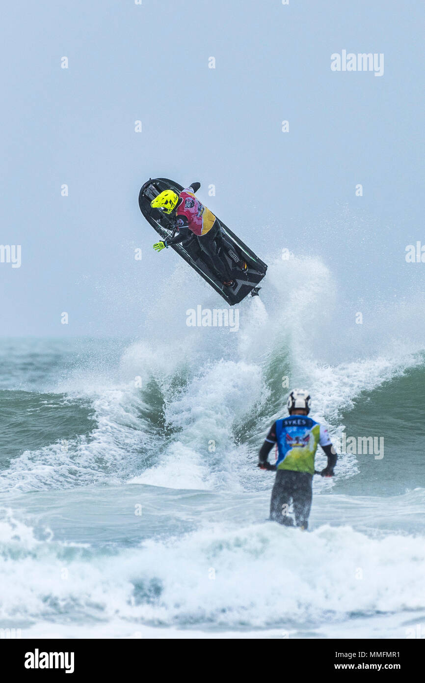 Newquay, Cornwall, UK. 11th May, 2018.  The Freeride World Jetski Championship returns to Fistral beach in Newquay, Cornwall. Strong winds and rough seas guaranteed spectacular aerial action.  Gordon Scammell/Alamy Live News Stock Photo