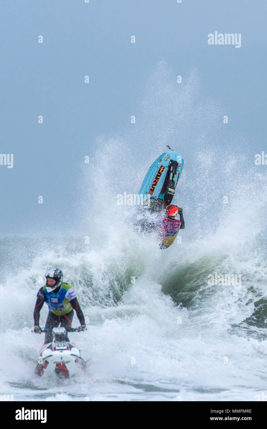 Newquay, Cornwall, UK. 11th May, 2018.  The Freeride World Jetski Championship returns to Fistral beach in Newquay, Cornwall. Strong winds and rough seas guaranteed explosive action.  Gordon Scammell/Alamy Live News Stock Photo