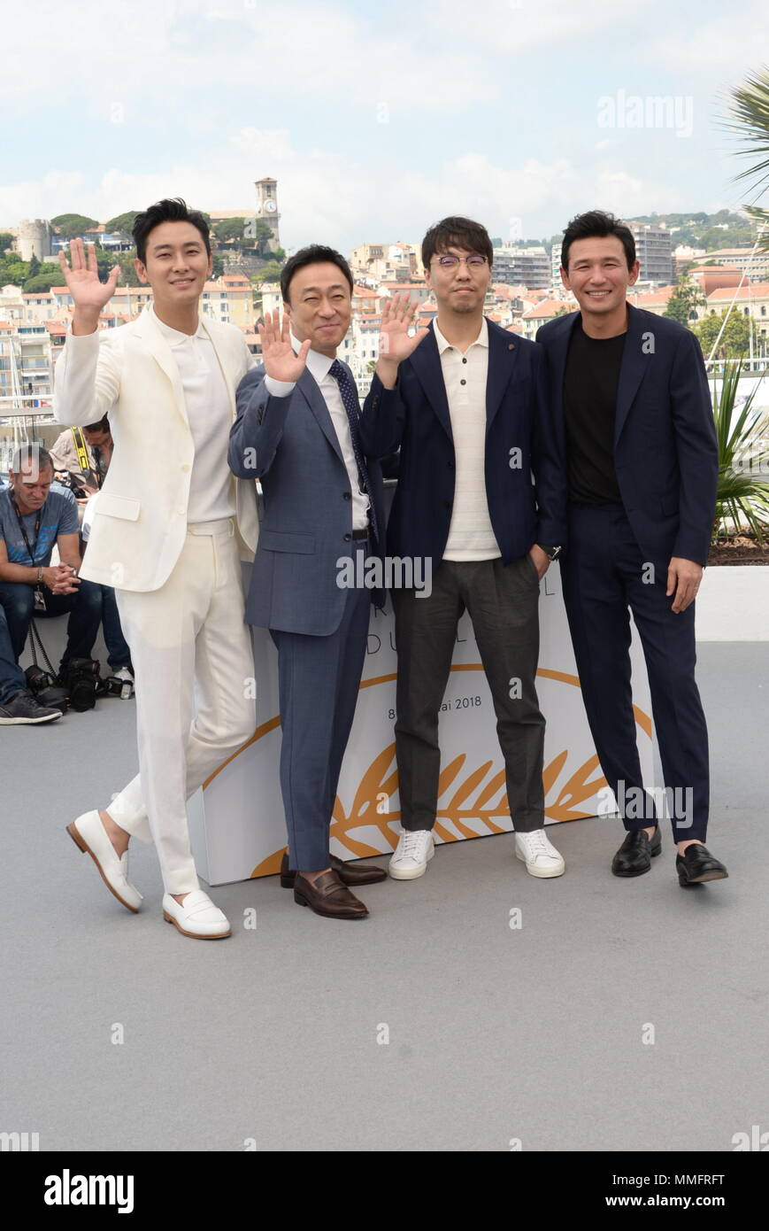 Cannes, France. 11th May, 2018. CANNES, FRANCE - MAY 11: (R-L) Actors Jung-min Hwang, Sung-min Lee and Ji-Hoon Ju attend the photocall for 'The Spy Gone North (Gongjak)' during the 71st annual Cannes Film Festival at Palais des Festivals on May 11, 2018 in Cannes, France. Credit: Frederick Injimbert/ZUMA Wire/Alamy Live News Stock Photo