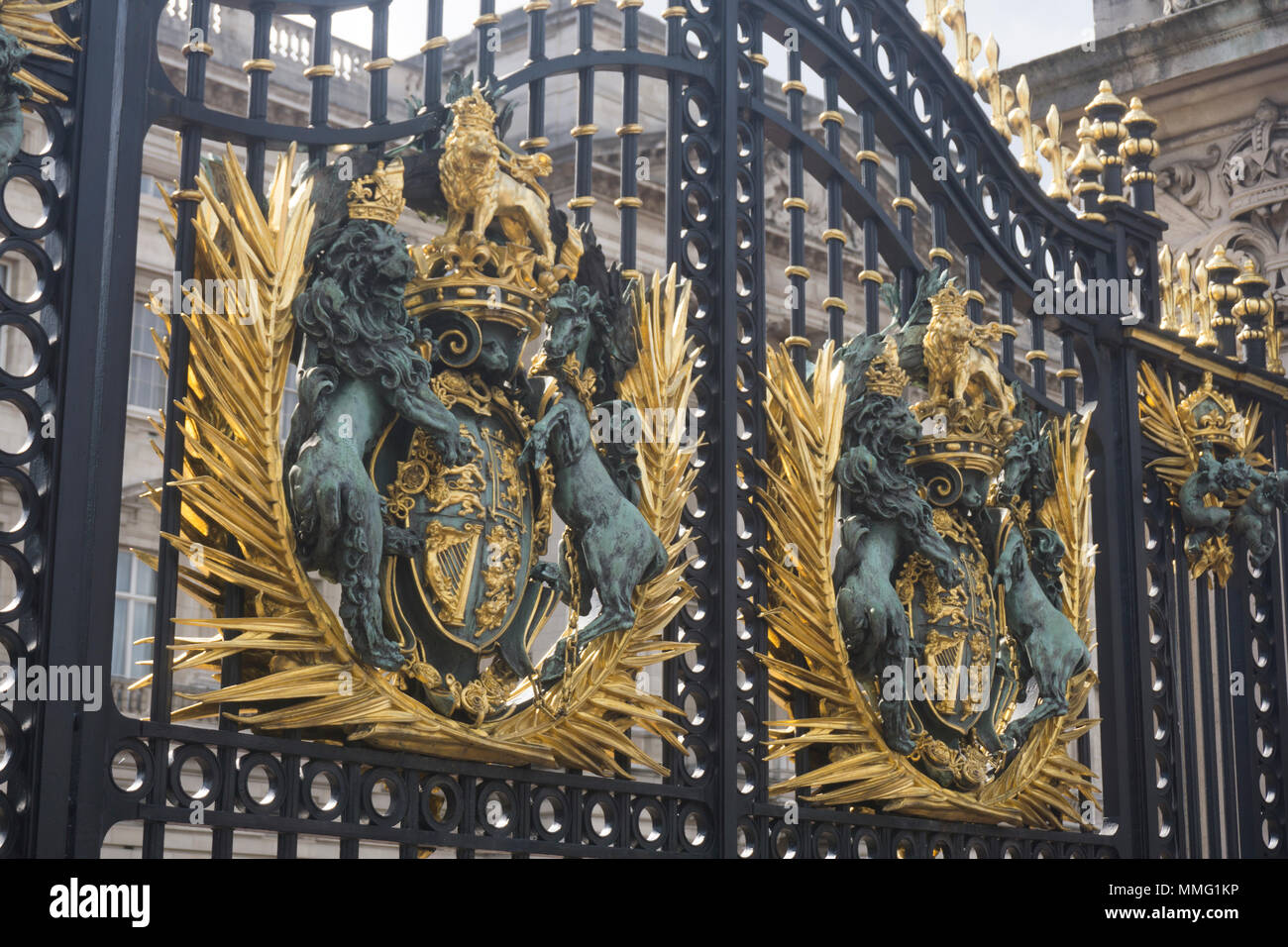 LONDON, UK - MAY 11th 2018: The main gate at Buckingham Palace with ornate coat of arms Stock Photo