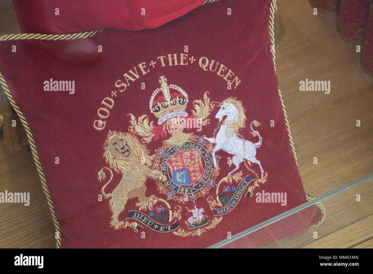 LONDON, UK - MAY 11th 2018: God save the Queen souvenir pillow from the Buckingham Palace shop Stock Photo