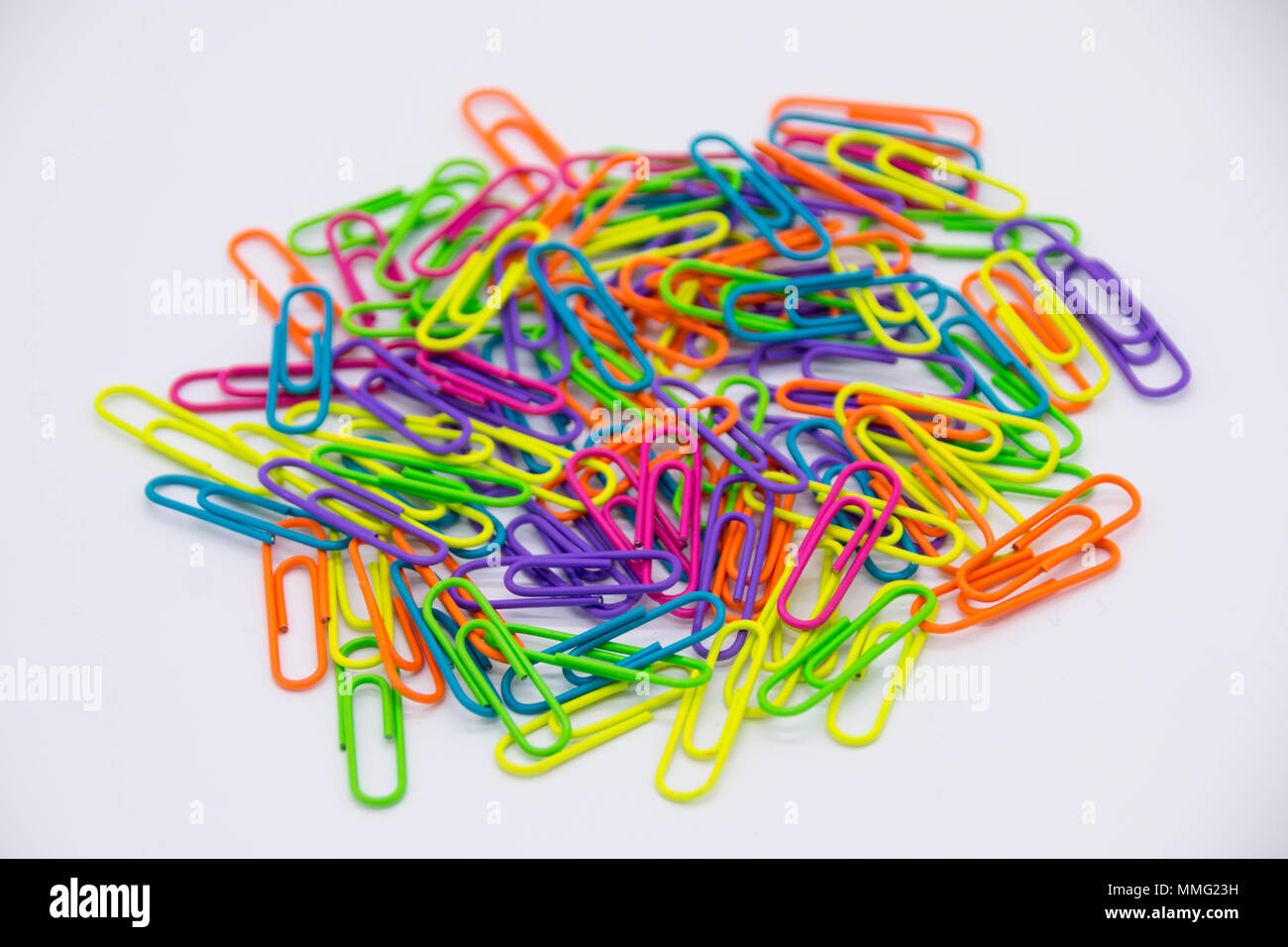 Colourful neon paper clips / fasteners isolated on a white background