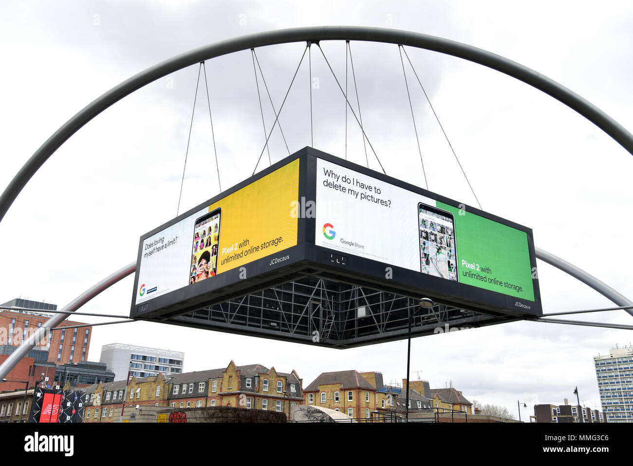 Digital advertising hoardings promoting Google Store and mobile phone EE Pixel 2 on the Old Street Roundabout in East London, UK. Stock Photo