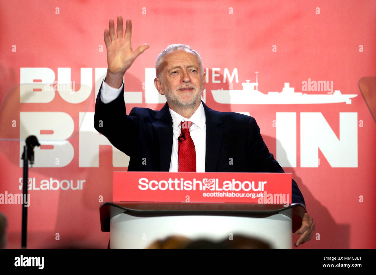 Labour leader Jeremy Corbyn at the Fairfield Ship Building Museum in Glasgow, where the Labour Party called for support for UK shipbuilding as part of a wider industrial strategy and call on the Conservative Government to guarantee that three new Royal Fleet Auxiliary vessels will be built in domestic shipyards. Stock Photo