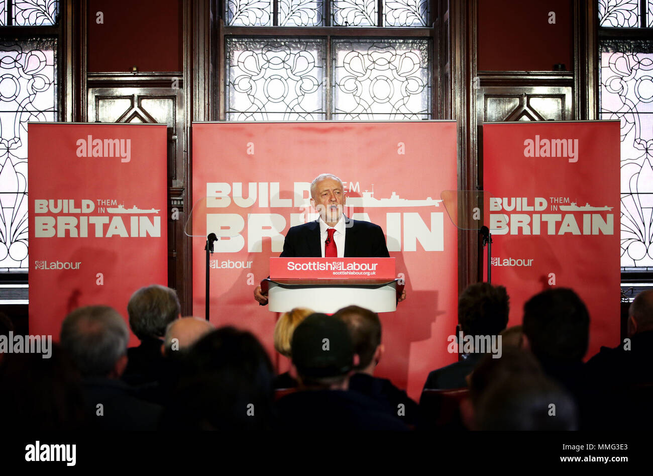 Labour leader Jeremy Corbyn at the Fairfield Ship Building Museum in Glasgow, where the Labour Party called for support for UK shipbuilding as part of a wider industrial strategy and call on the Conservative Government to guarantee that three new Royal Fleet Auxiliary vessels will be built in domestic shipyards. Stock Photo