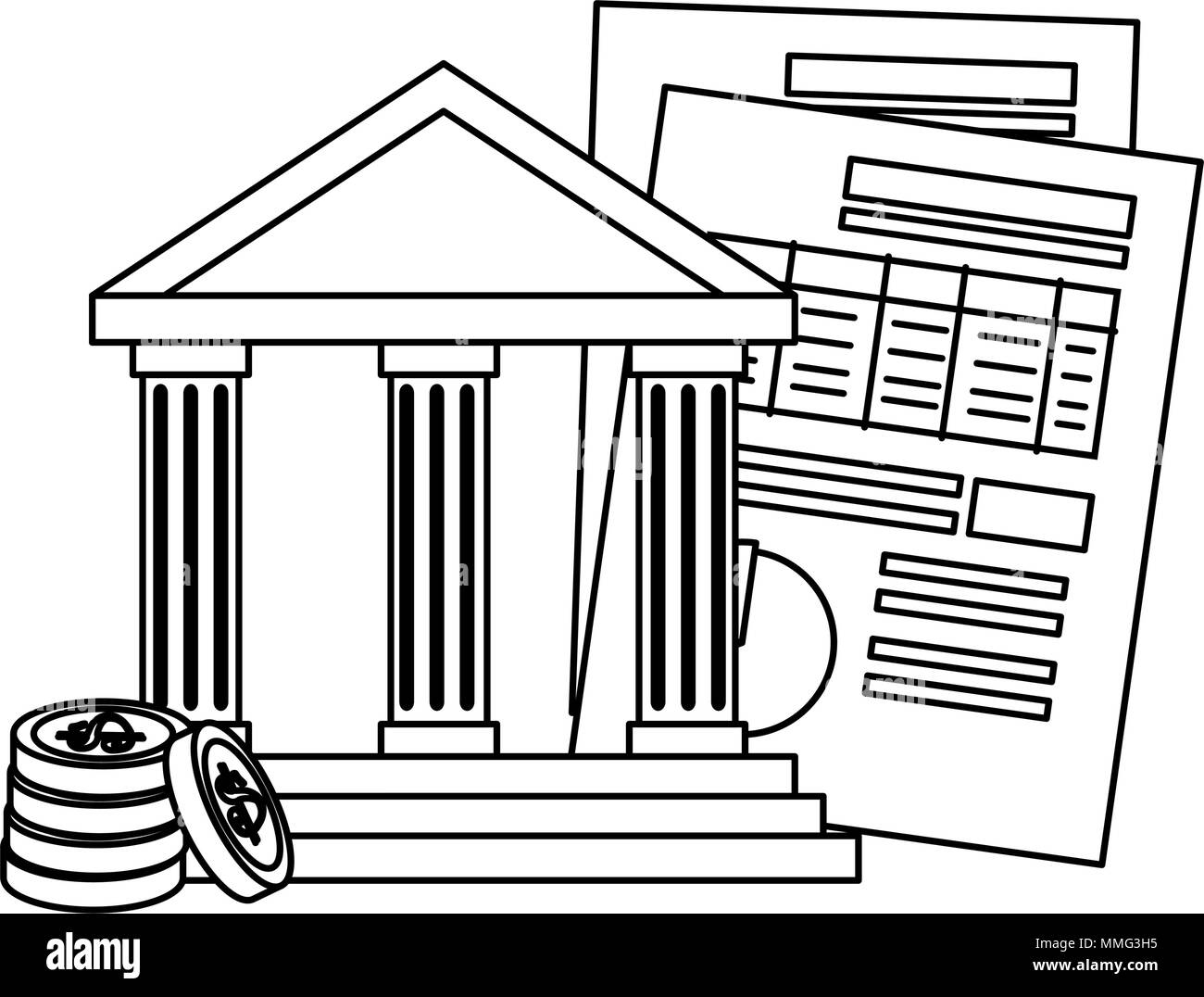 bank building with coins and documents Stock Vector