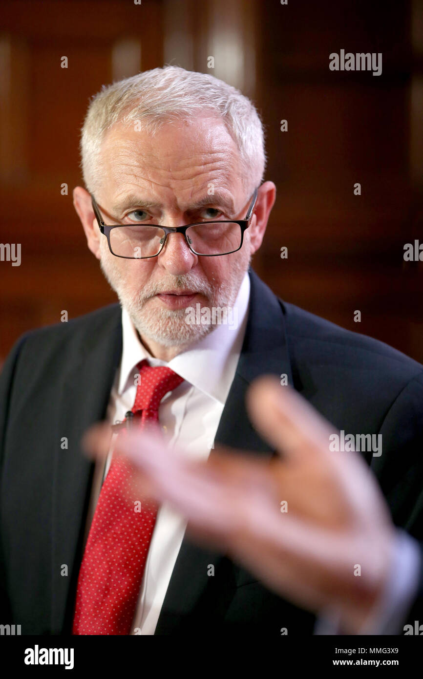 Labour leader Jeremy Corbyn at the Fairfield Ship Building Museum in Glasgow, where the Labour Party called for support for UK shipbuilding as part of a wider industrial strategy and call on the Conservative Government to guarantee that three new Royal Fleet Auxiliary vessels will be built in domestic shipyards. Stock Photo