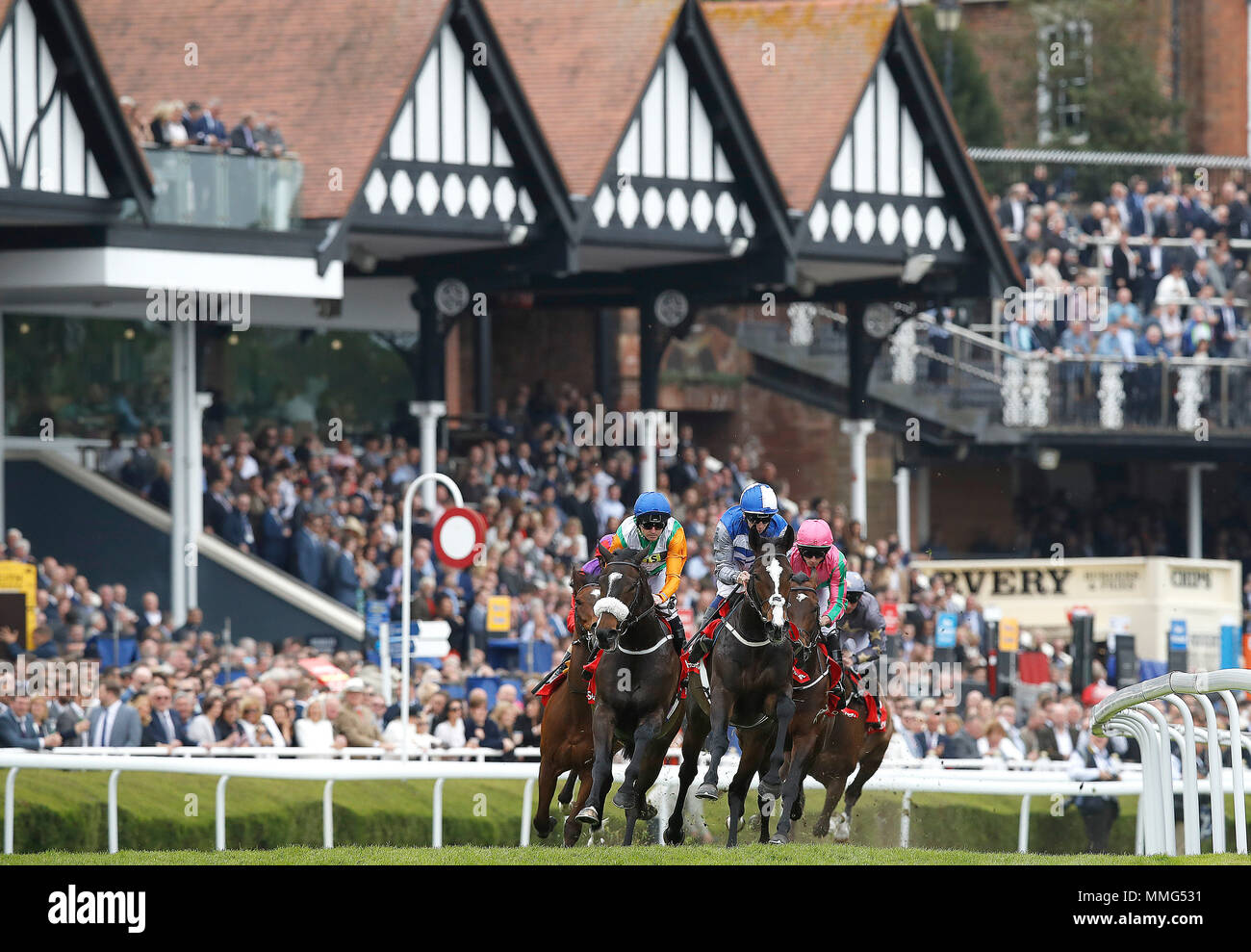 Forest Ranger (left) ridden by Tony Hamilton on the way to winning The Homeserve Huxley Stakes, during 188BET Chester Cup Day of the 2018 Boodles May Festival at Chester Racecourse. Stock Photo