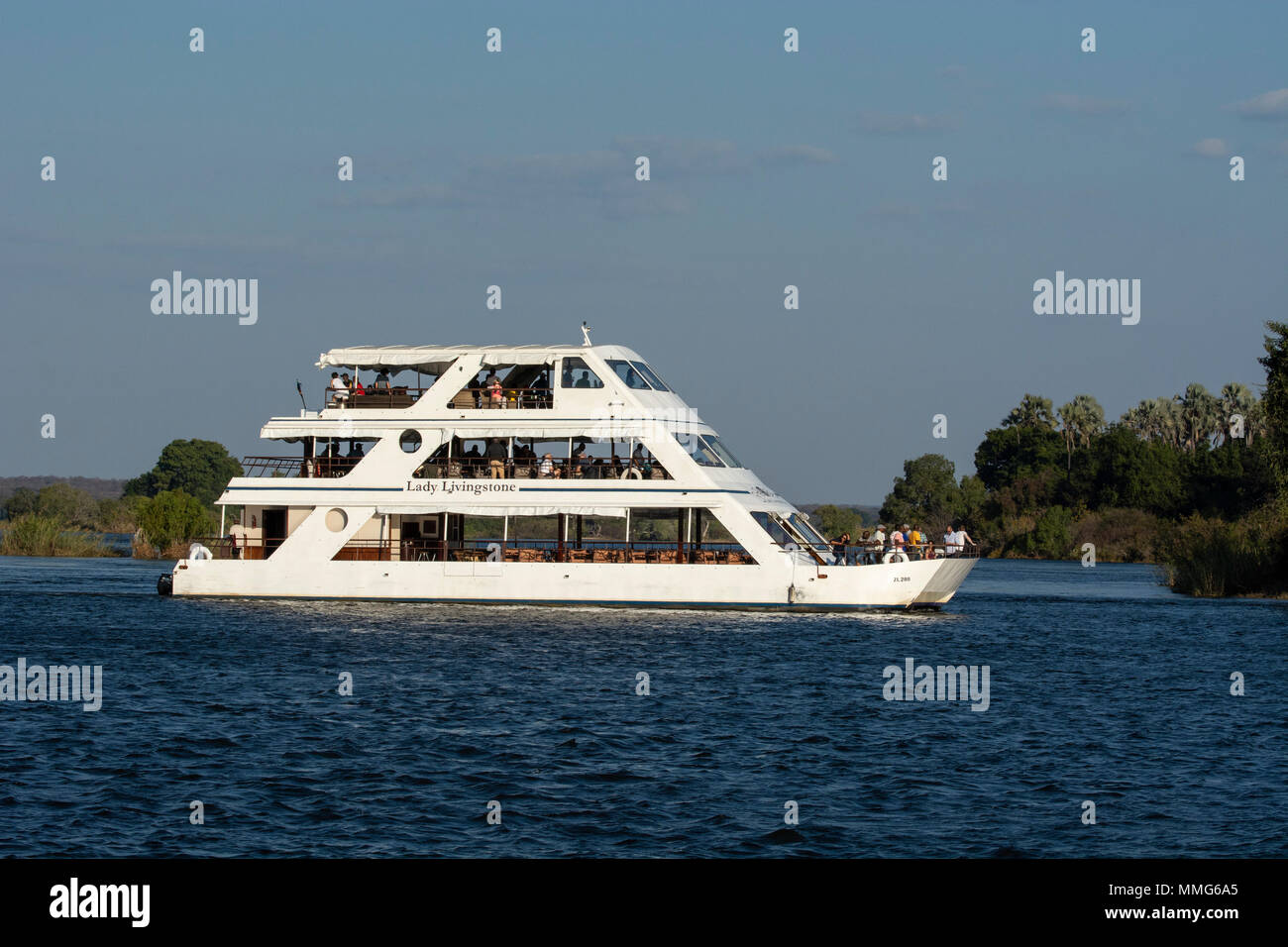 Africa, Zimbabwe, Zambezi River, near Victoria Falls. Sightseeing cruise boat, Lady Livingstone, on the Zambezi River. Stock Photo