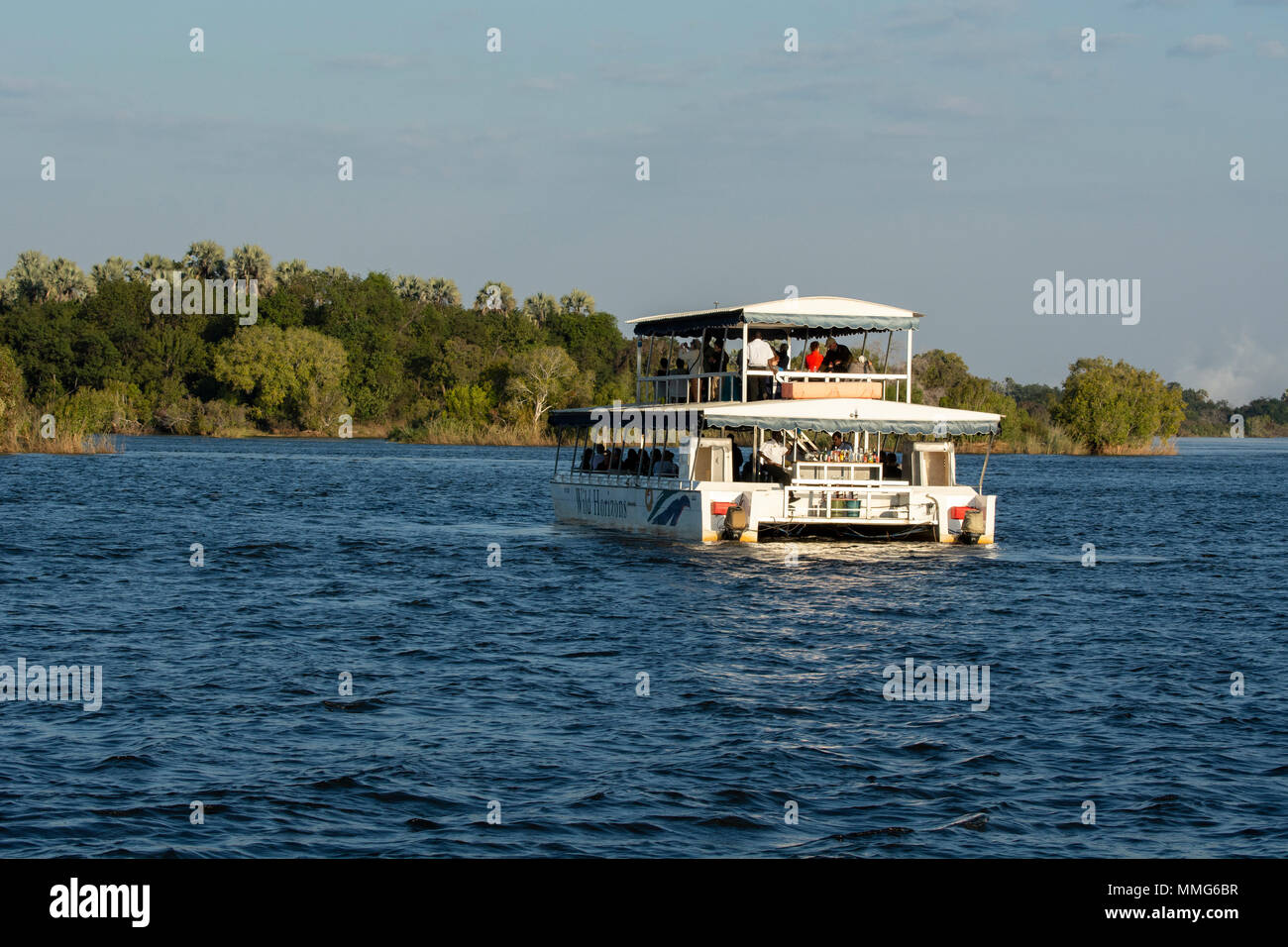 Africa, Zimbabwe, Zambezi River, near Victoria Falls. Sightseeing cruise boat, Wild Horizons, on the Zambezi River. Stock Photo