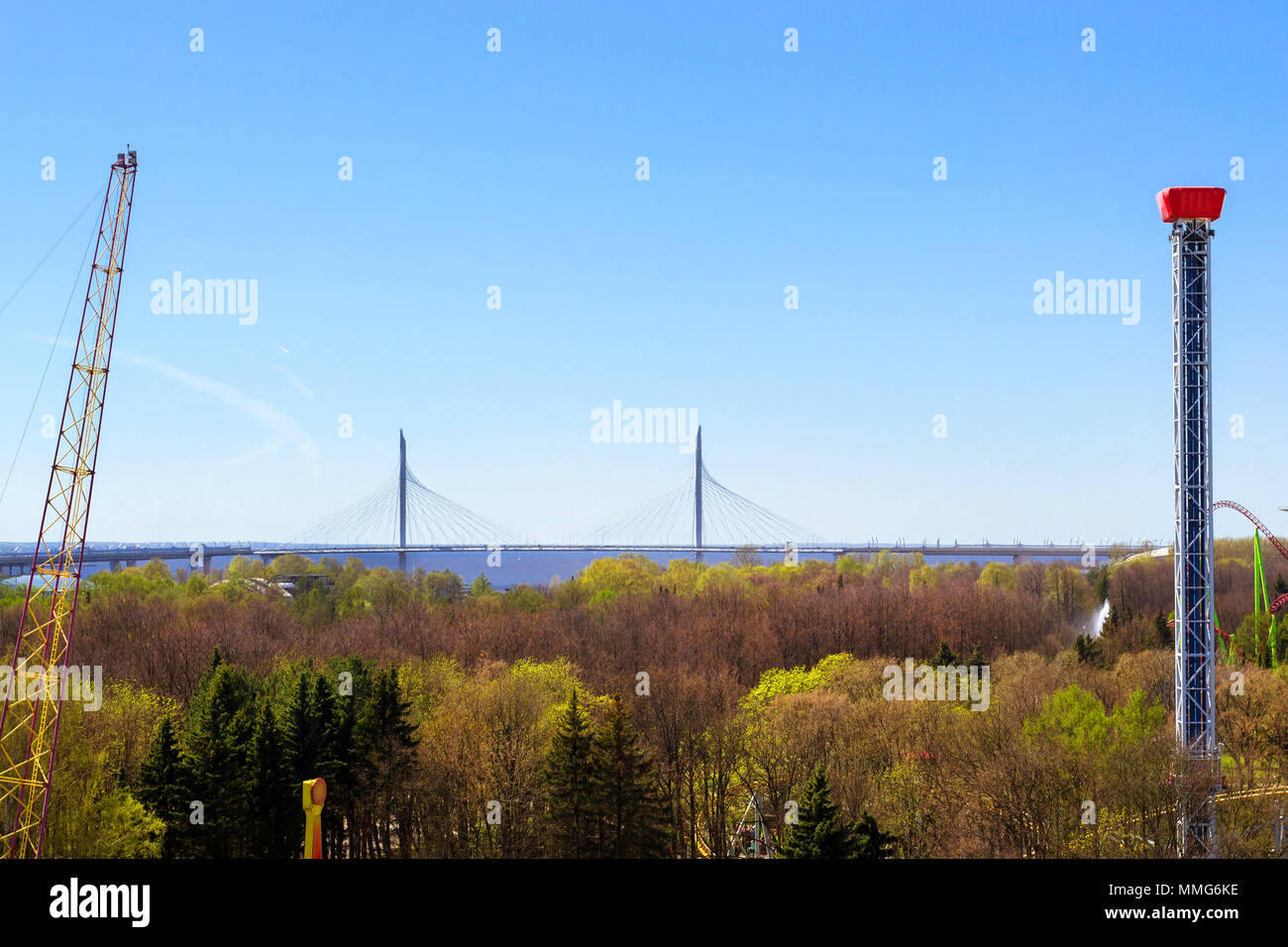 View from height of Ferris wheel to amusement Park and Cable-stayed Bridge. Seaside Victory Park on Krestovsky island, St.Petersburg, Russia Stock Photo