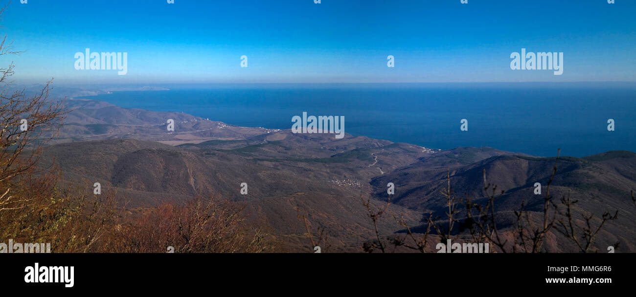 Aerial panorama landscape of Demerdji mountain, Black sea and Alushta bay at Crimea Stock Photo
