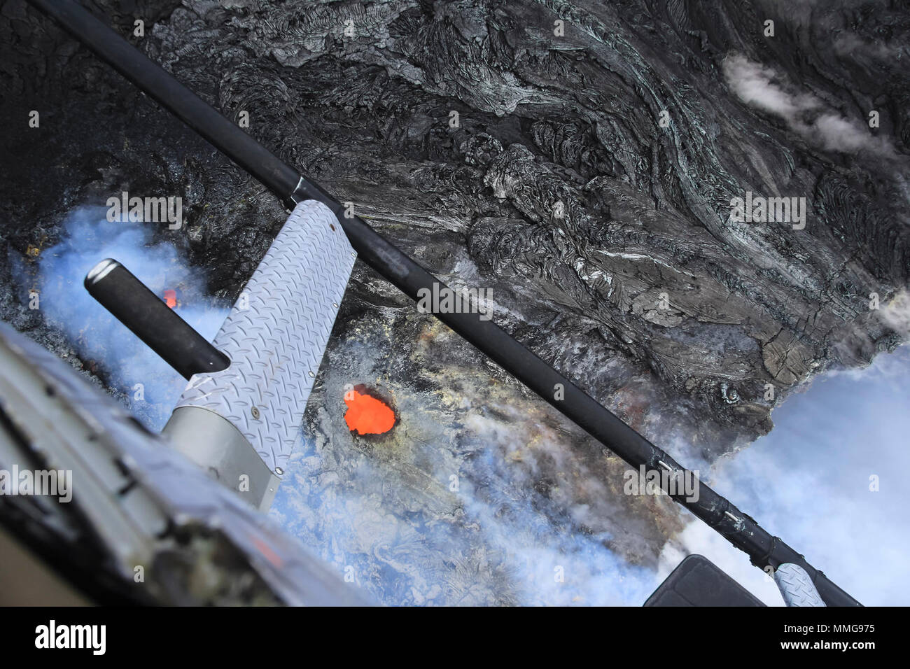Hawaii volcano eruption aerial from helicopter. Stock Photo