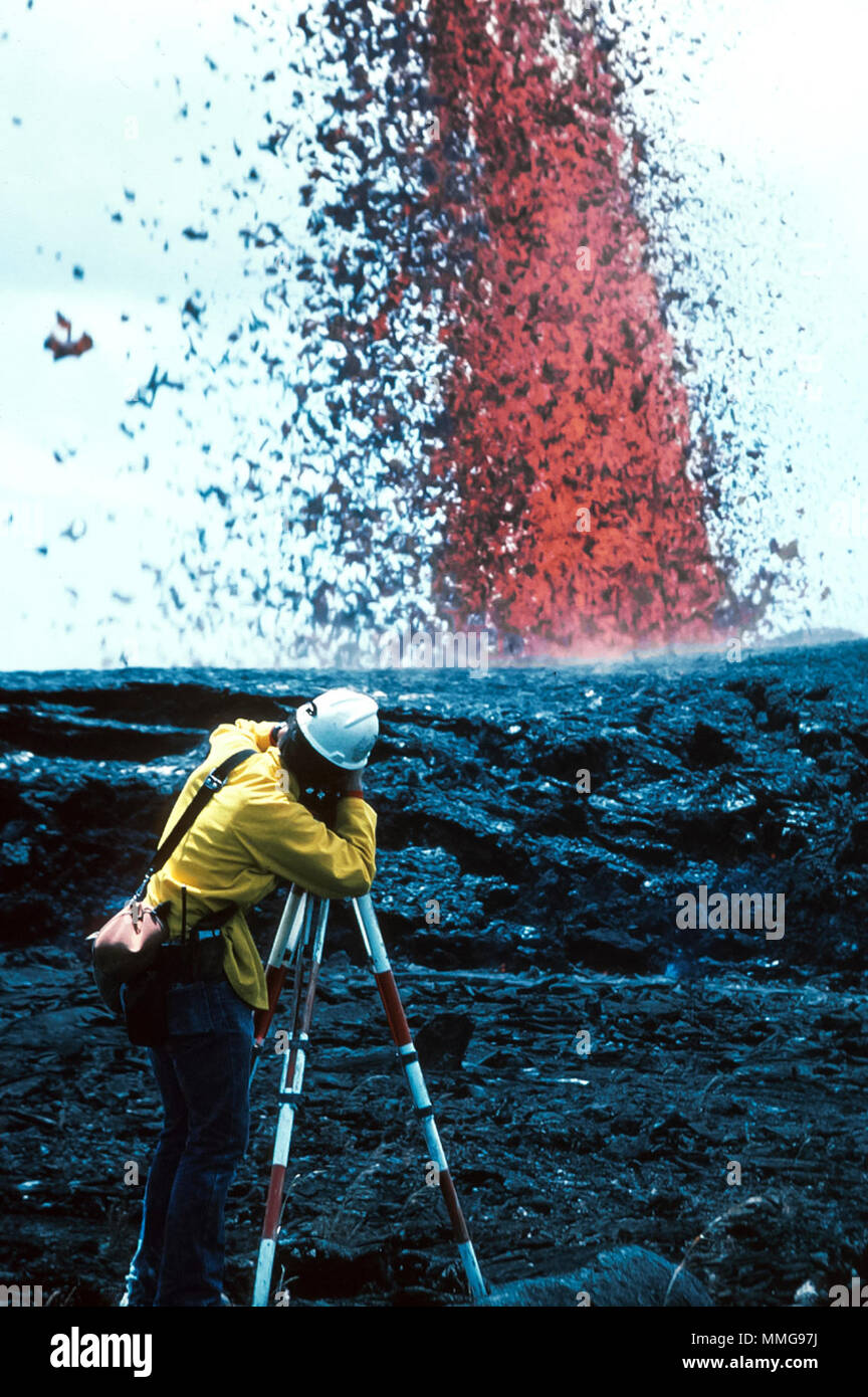 Surveying Hawaii volcano eruption. Stock Photo