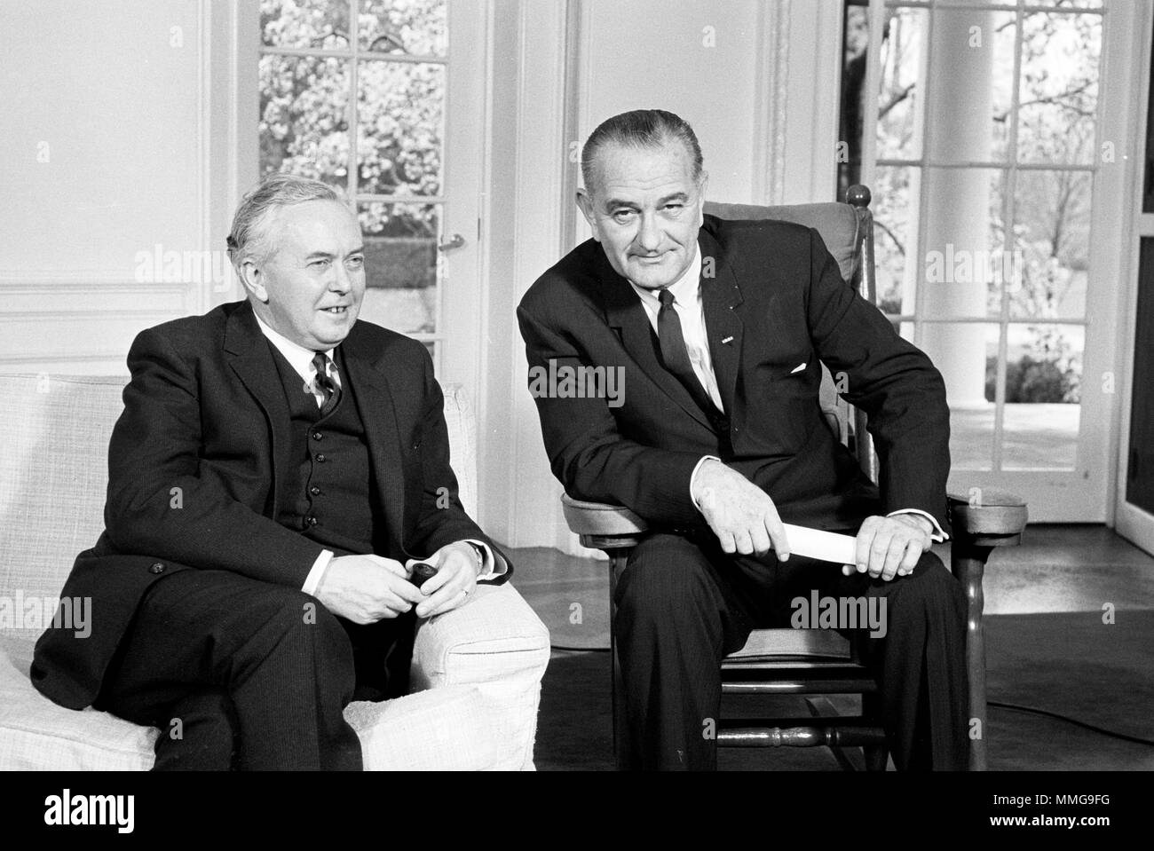 President Lyndon Baines Johnson and James Harold Wilson, Prime Minister of the United Kingdom Stock Photo