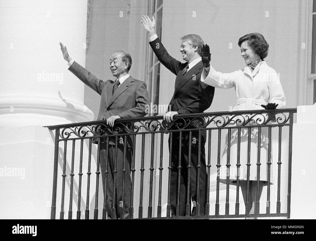 Prime Minister Fukada of Japan during a visit to the White House, USA. Takeo Fukuda (1905 – 1995) Japanese politician and the 42nd Prime Minister of Japan, 1976 to 1978 Stock Photo