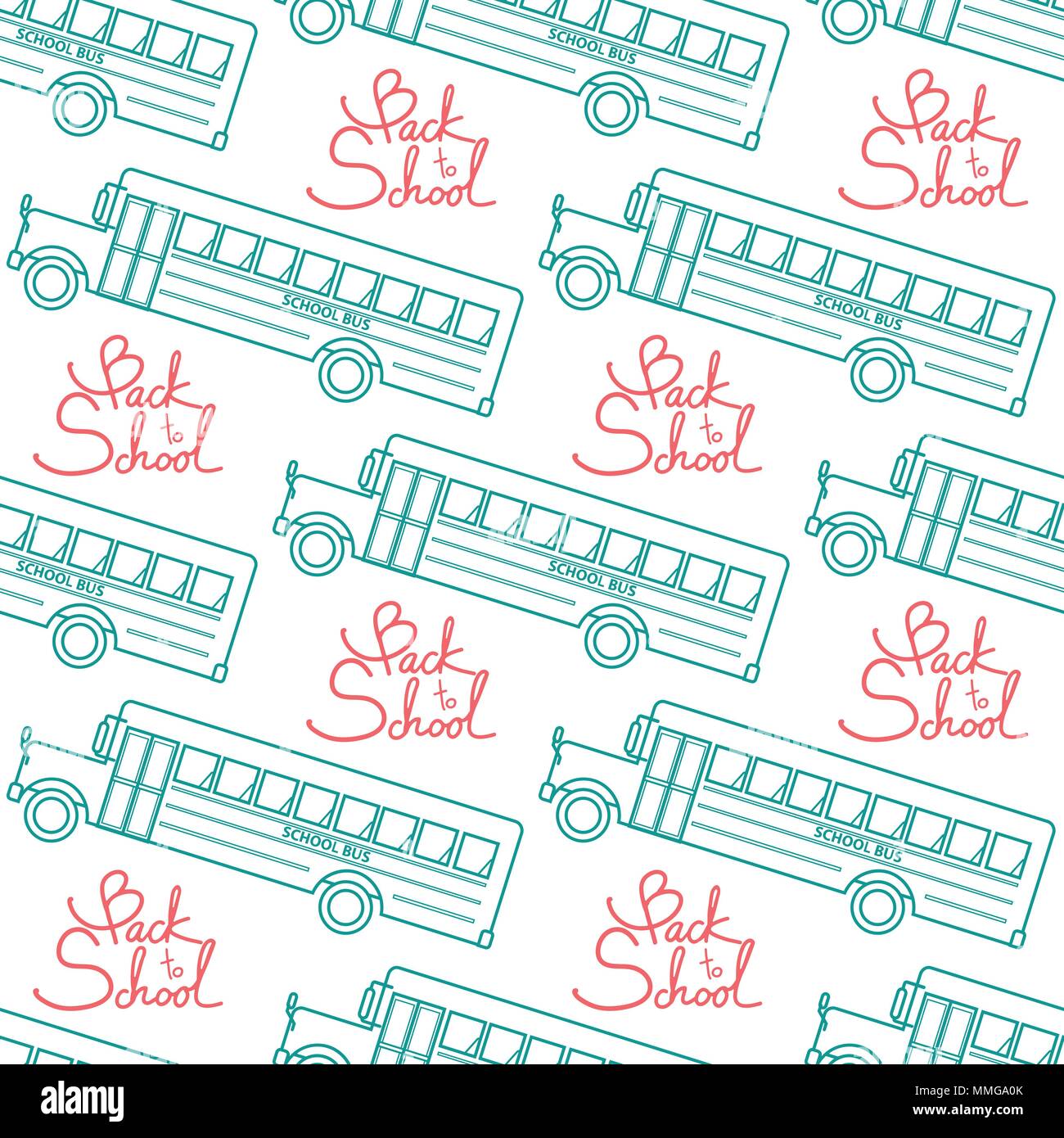 School bus in green outline with red calligraphy, Back to school random on white background. Seamless pattern background design for school and educati Stock Vector