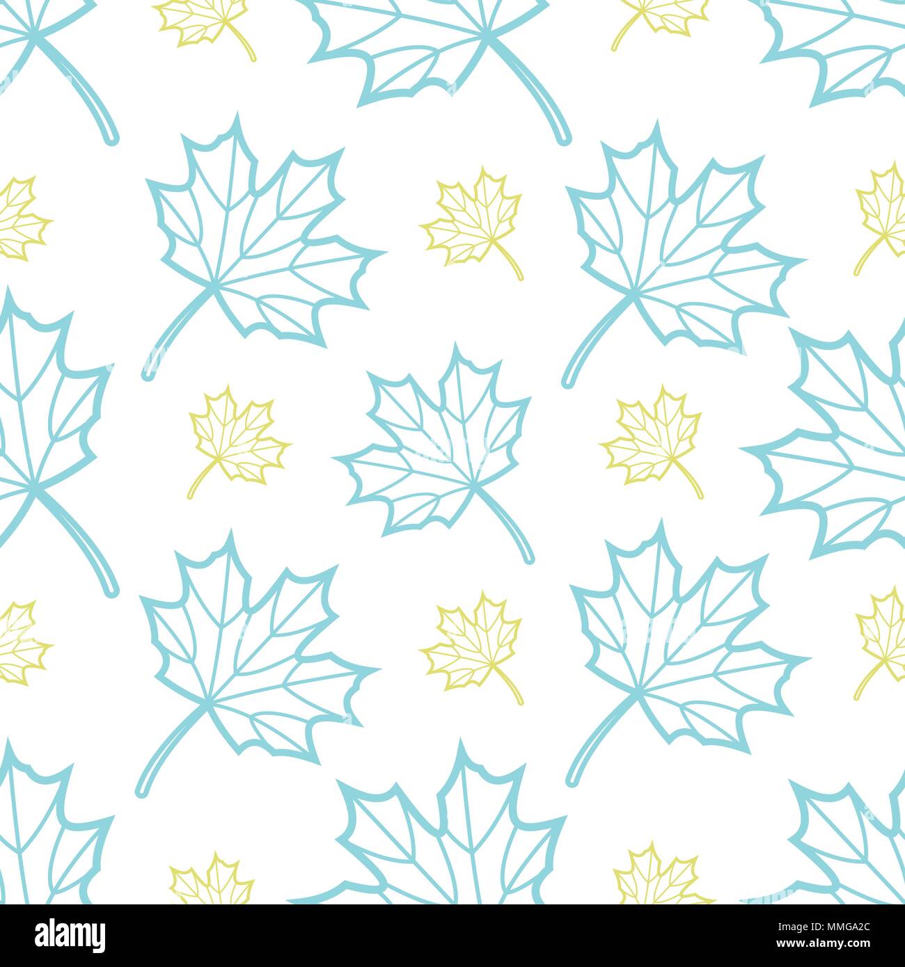 Cute blue and gold outline maple leaves random on white background. Seamless pattern background design for Autumn or Fall in vector illustration. Stock Vector