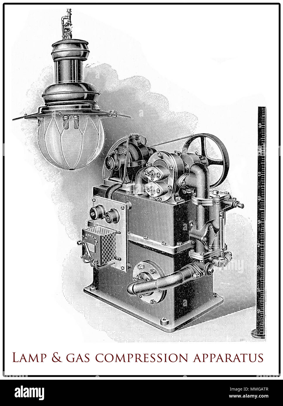 Vintage arc lamp with its gas compression regulator,  XIX century engraving Stock Photo