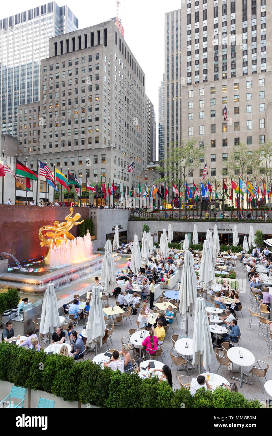The Rock Center cafe in spring, Rockefeller Center, Midtown, New York