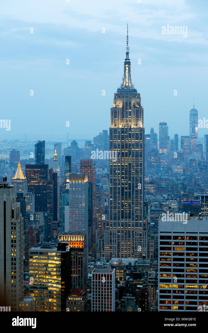 The Empire State Building and New York skyline in the evening seen from the Top of the Rock, New York city United States of America Stock Photo