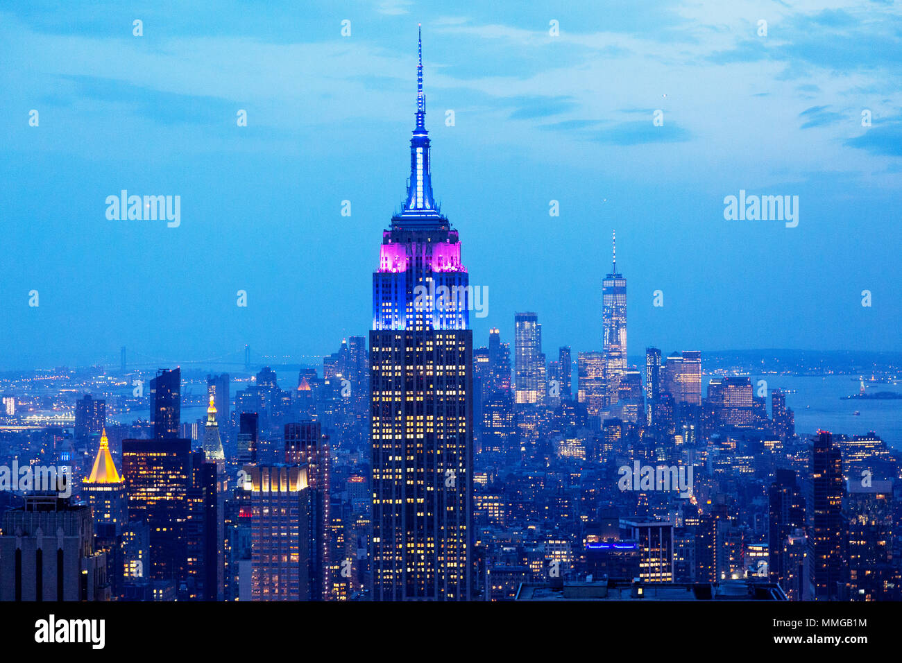 Empire State Building and New York skyline at dusk, seen from the Top of the Rock viewing platform, Manhattan, New York city, United States of America Stock Photo