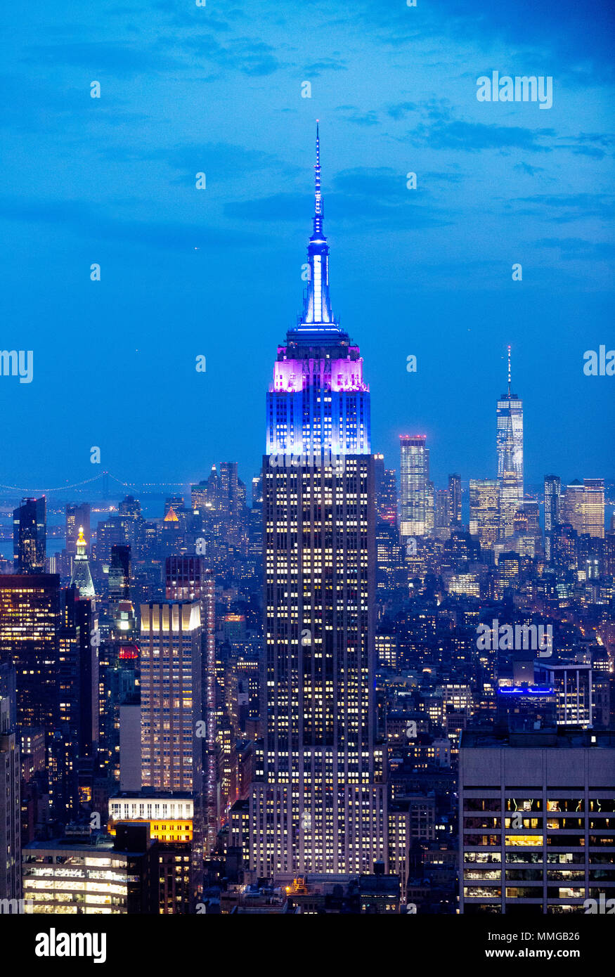 Empire State Building and New York skyline at dusk, seen from the Top of the Rock viewing platform, Manhattan, New York city, United States of America Stock Photo