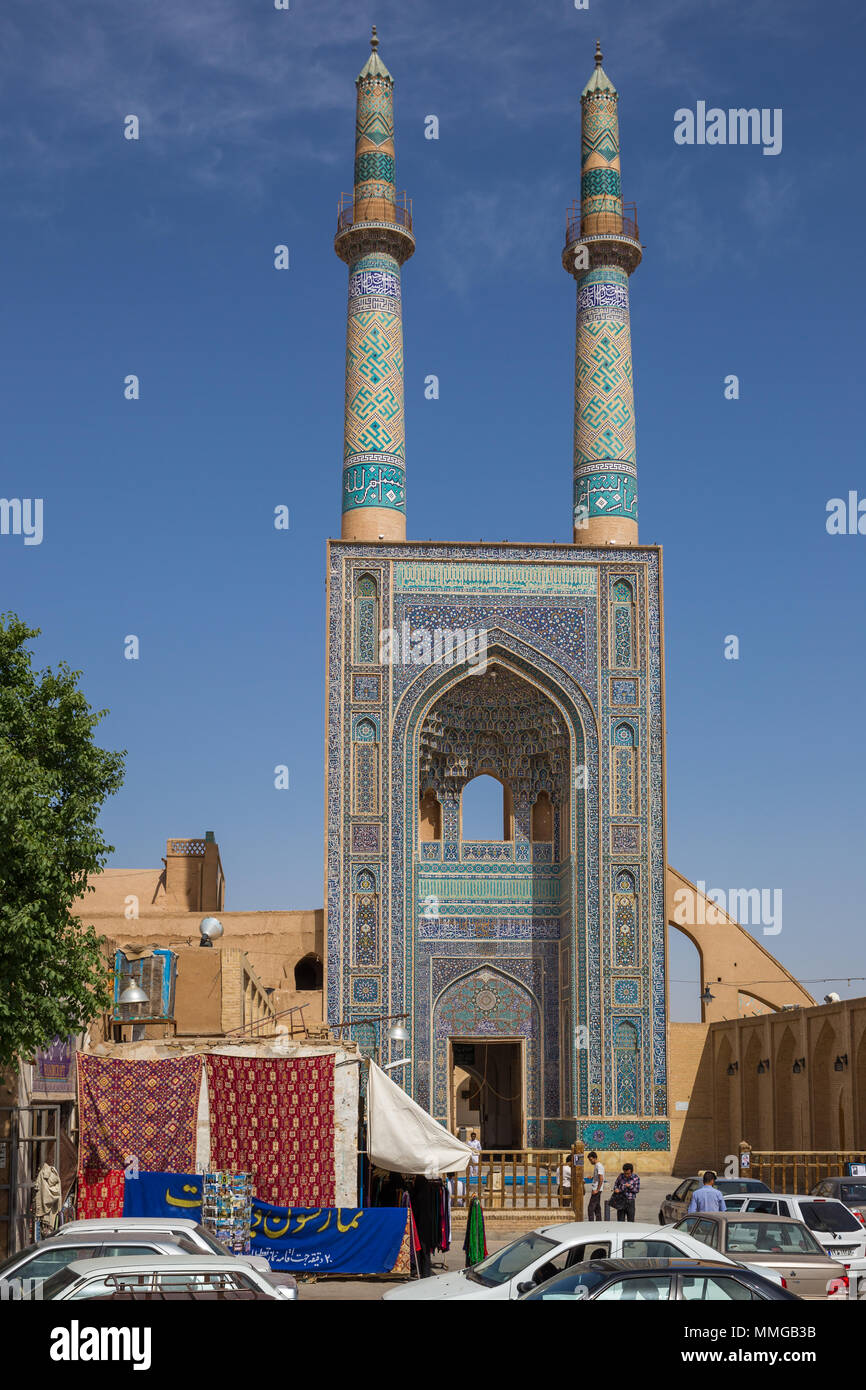 Jame Mosque of Yazd, in Iran. The mosque is crowned by a pair of minarets, the highest in Iran. Stock Photo
