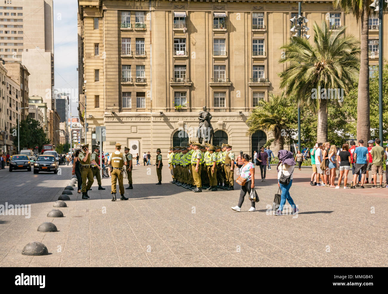 Good Friday, Carabineros or Chilean police lined up, Plaza de Armas, Santiago, Chile, South America Stock Photo