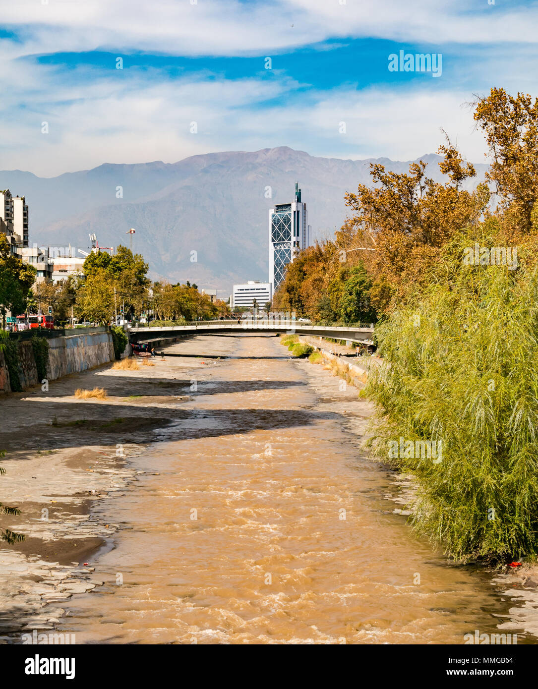 River Mapocho, with little water flowing at end of Summer, and ...