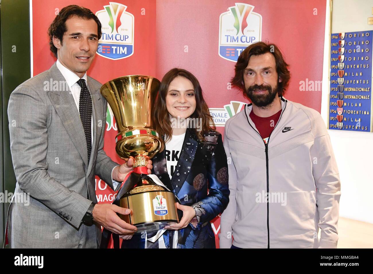 TIM Cup presentation in Milan, Italy. Featuring: Bernardo Corradi, Andrea  Pirlo, Francesca Michelin Where: Milan, to, Italy When: 10 Apr 2018 Credit:  IPA/WENN.com **Only available for publication in UK, USA, Germany, Austria,