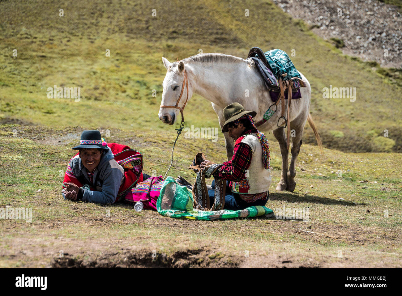 Horse Riding to Rainbow Mountain Peru and back Stock Photo