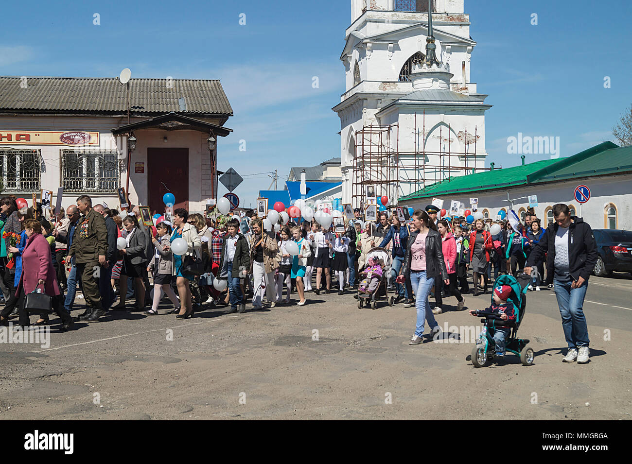 Mstyora,Russia-May 9,2018:Pillar of the people go on street at Festive Day of the Victory in city Mstyora,Russia. Immortal regiment Stock Photo